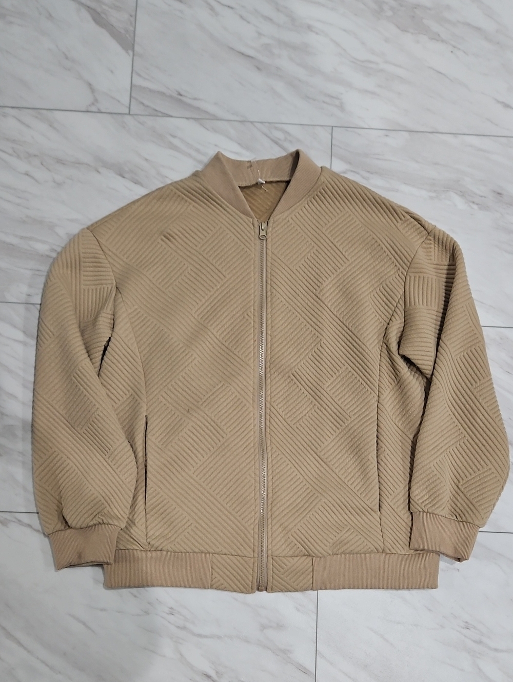 Tan Zip-Up Quilted Sweater Jacket
